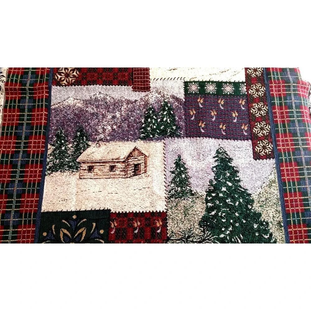 Goodwin Weavers Tapestry Throw Blanket Christmas 100% Cotton Plaid Green Red USA